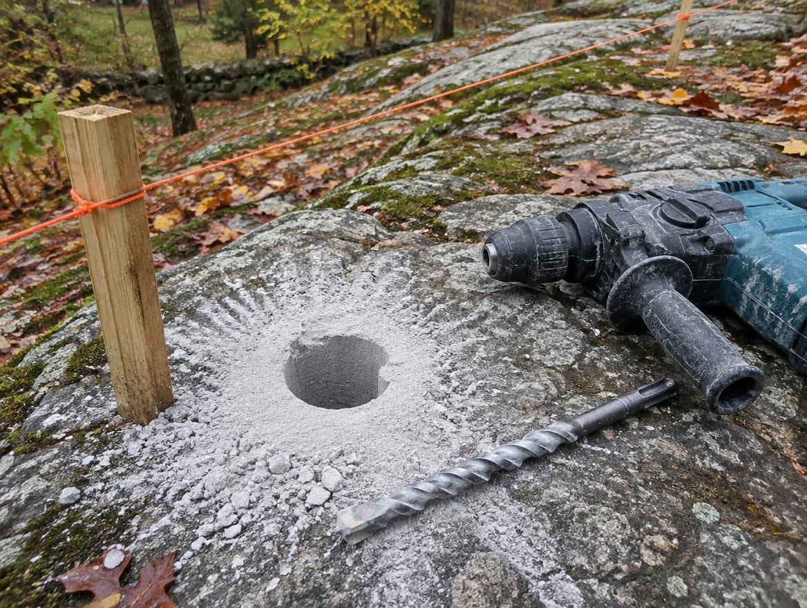 A crew member drilling a post hole into exposed rock beside a staked fence line