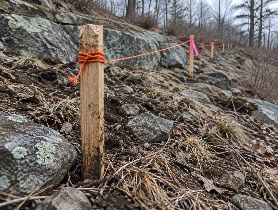 Wood stakes and string marking a proposed fence line across a sloped, rocky back yard