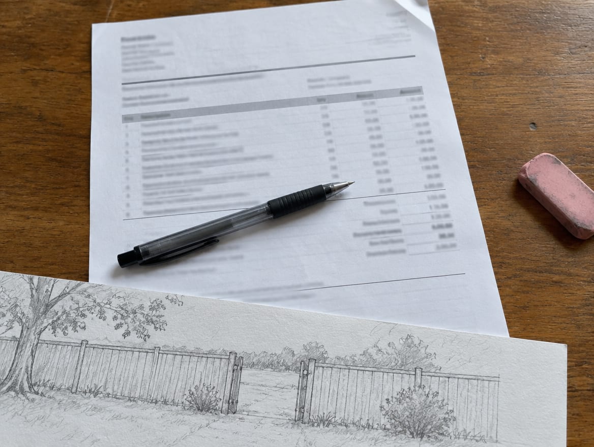 A printed fence estimate, a pen and a hand-drawn yard sketch on a kitchen table