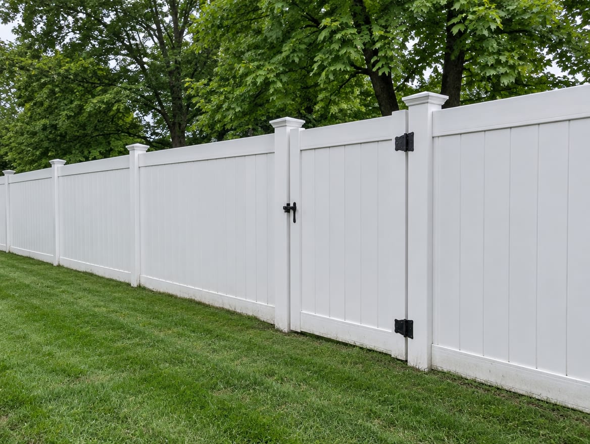A finished white vinyl privacy fence with a walk gate along a back yard