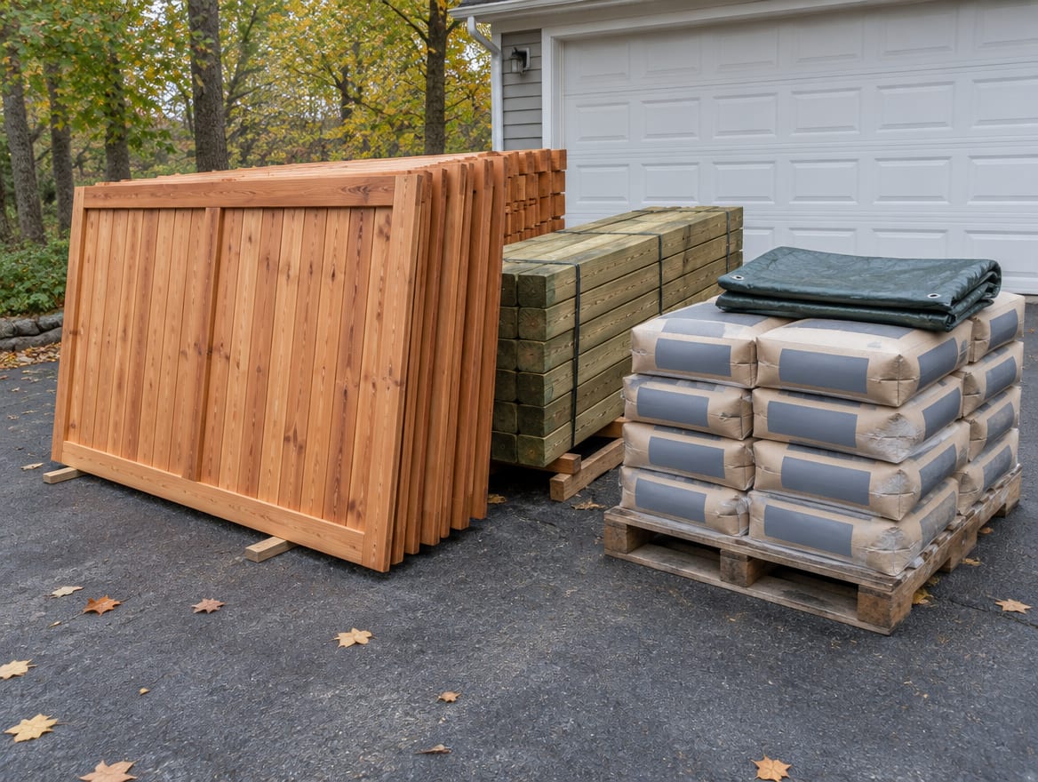 Fence panels, posts and bags of concrete mix stacked in a driveway before installation