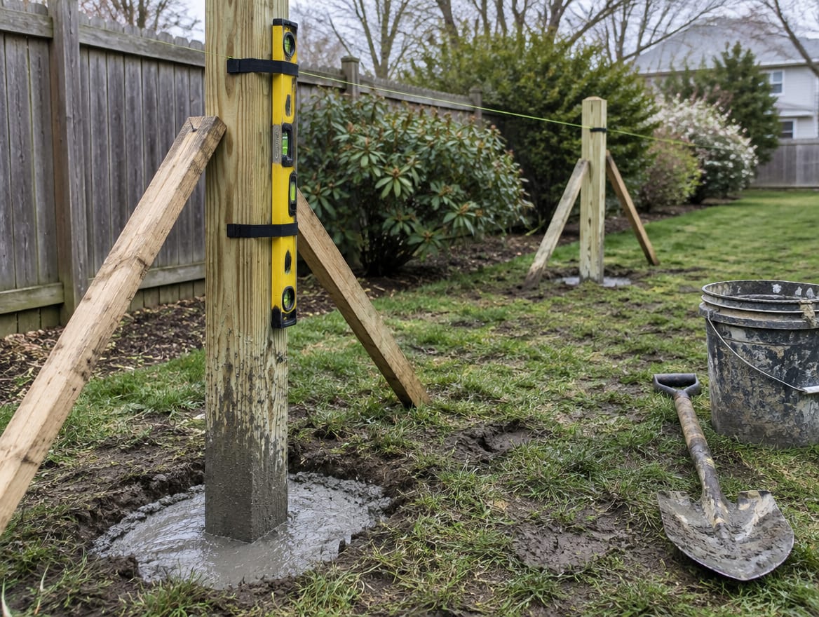 A crew member setting a fence post with a level while a second post stands braced nearby