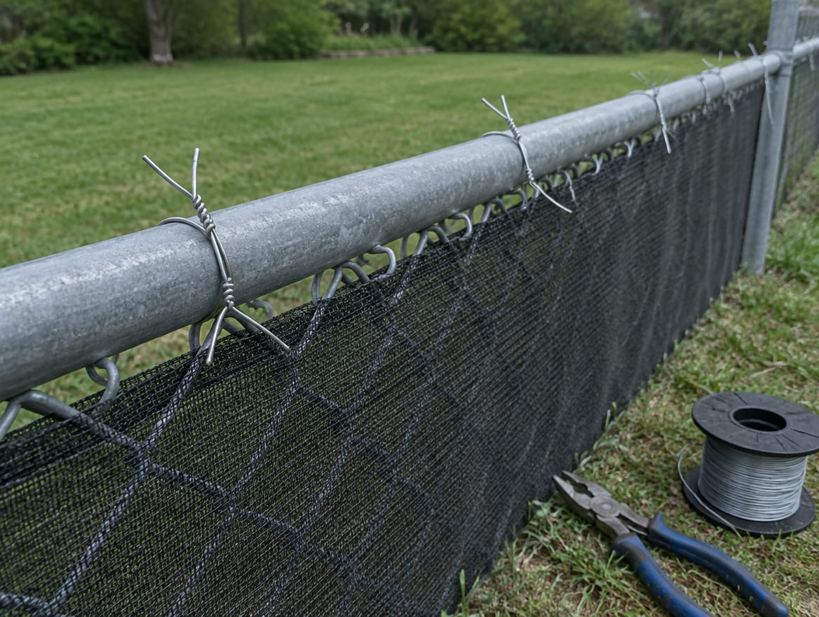 Chain link fabric being tied to a top rail on a pool enclosure
