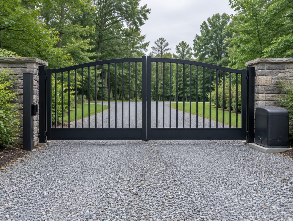 A finished black aluminum driveway gate with an operator housing beside the gate post
