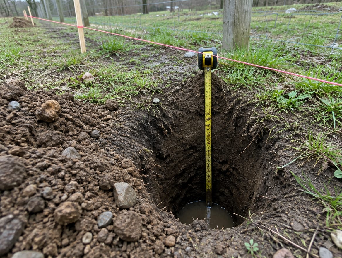 An open post hole with a tape measure held against its side before concrete is poured