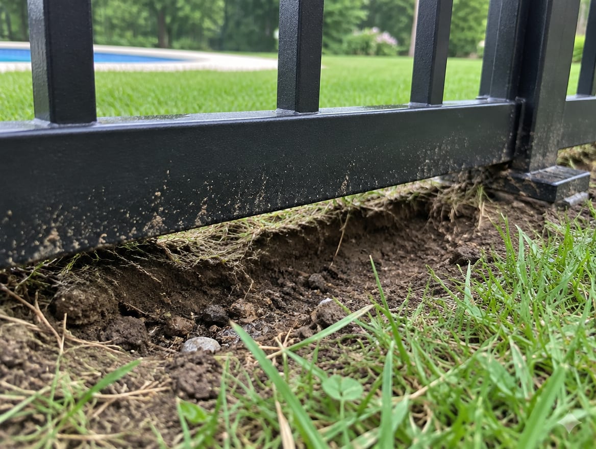 A pool fence with a visible gap between the ground and the bottom of the barrier
