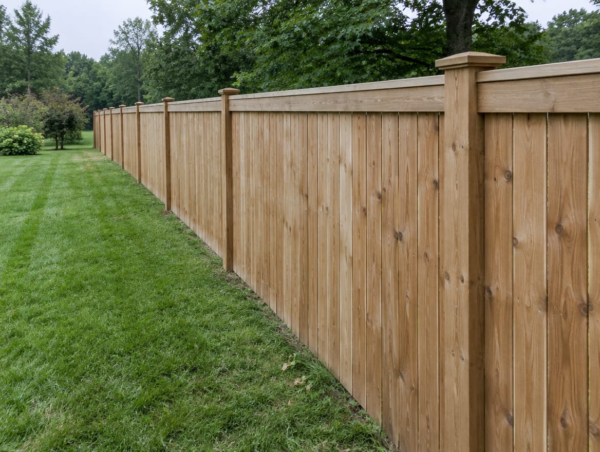 A completed fence along a back-yard boundary between two houses