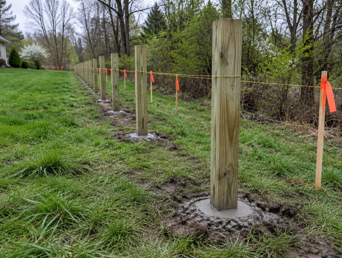 Fence posts set in a straight line a short distance inside a row of survey stakes