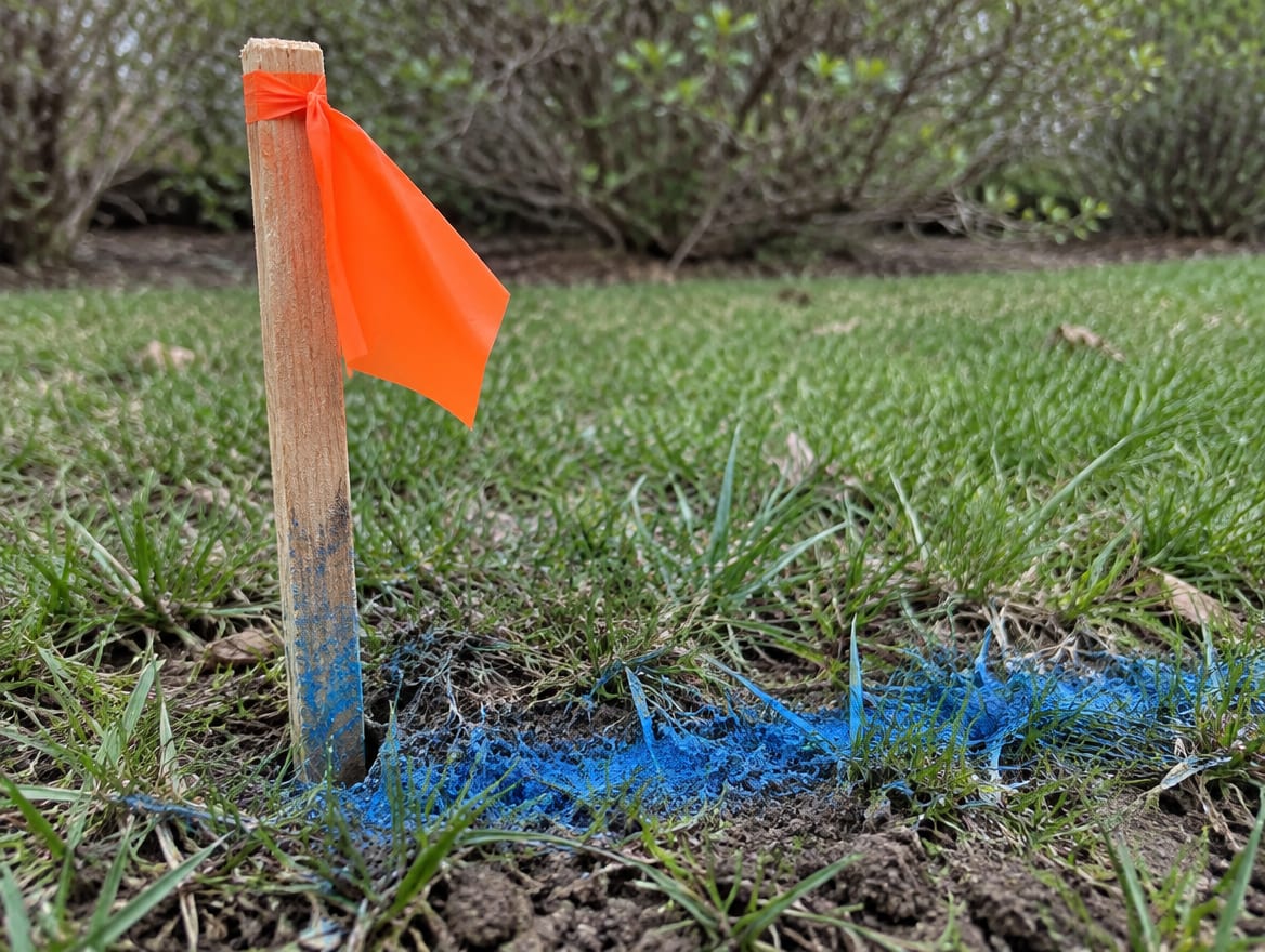 An orange survey stake in the grass beside a painted utility marking