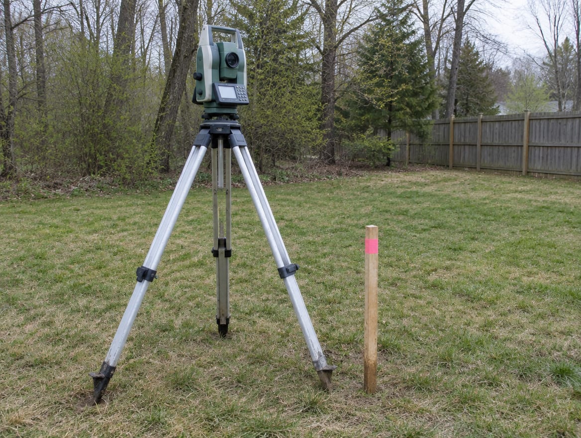 A surveyor's tripod instrument set up beside a boundary stake in a back yard