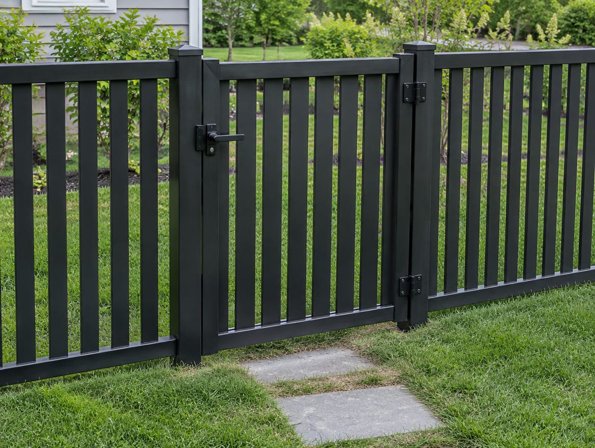 A finished black aluminum walk gate with a latch set in an aluminum fence