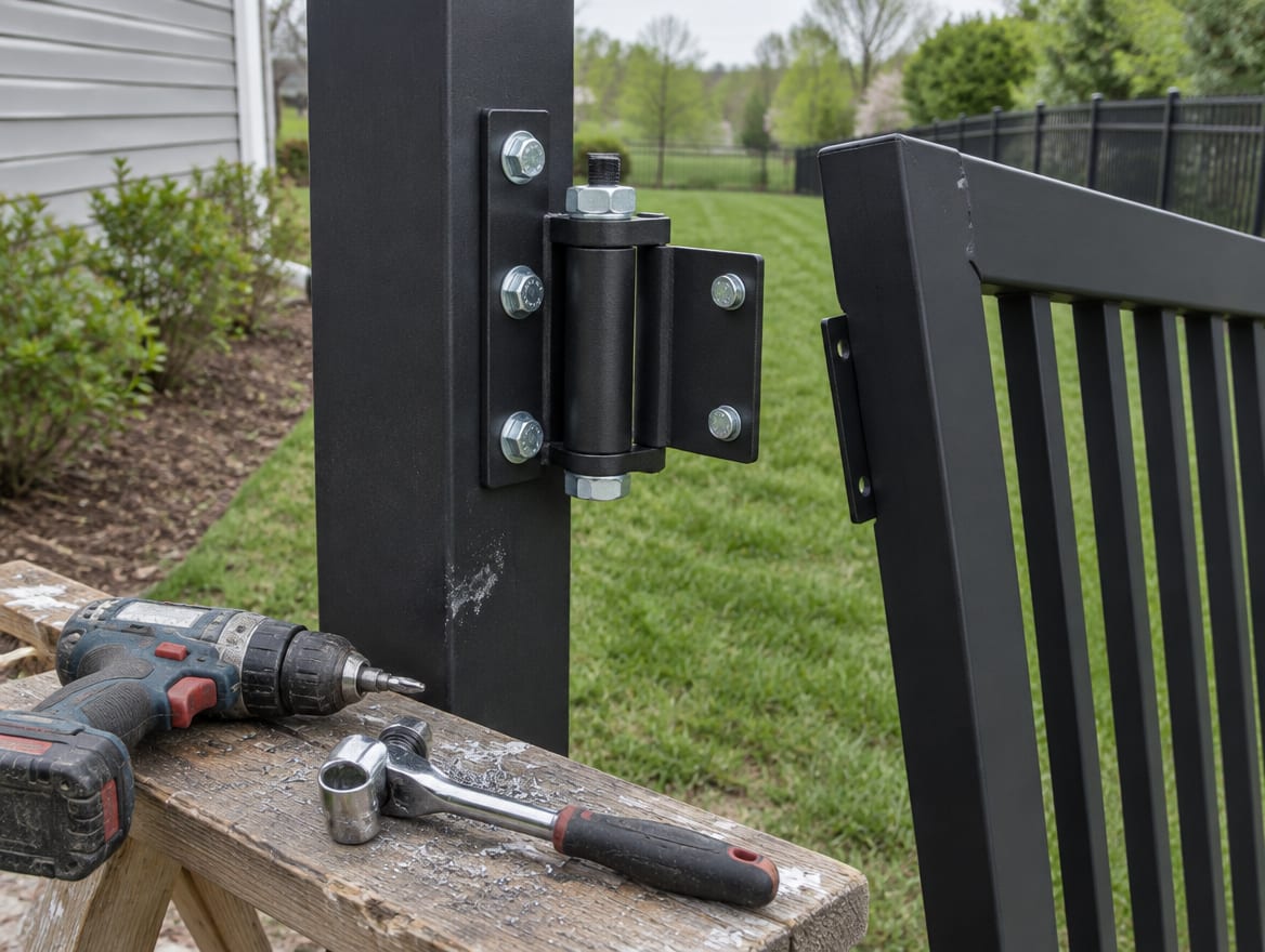 A worker fitting a heavy-duty hinge to an aluminum gate post