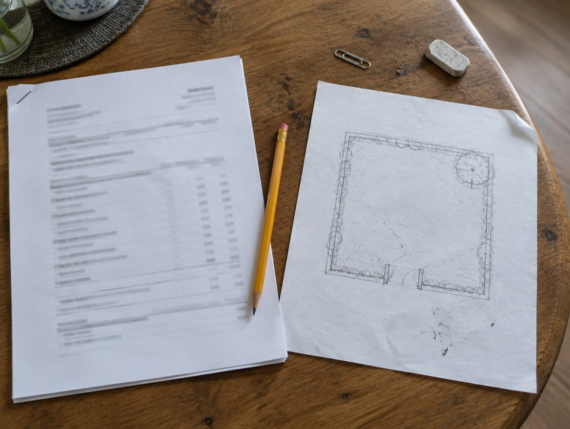 Two printed fence estimates and a yard sketch laid side by side on a table