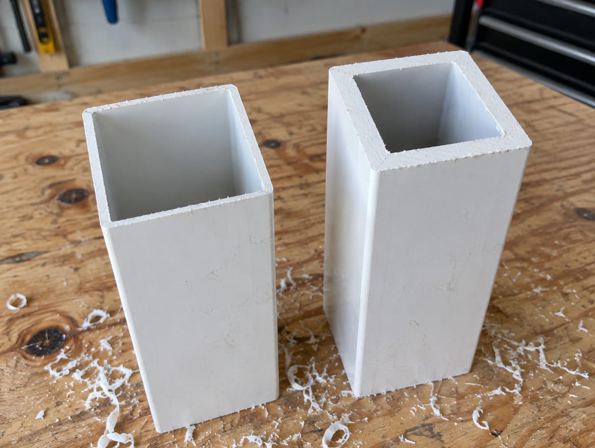 Cut ends of two vinyl fence posts showing different wall thicknesses