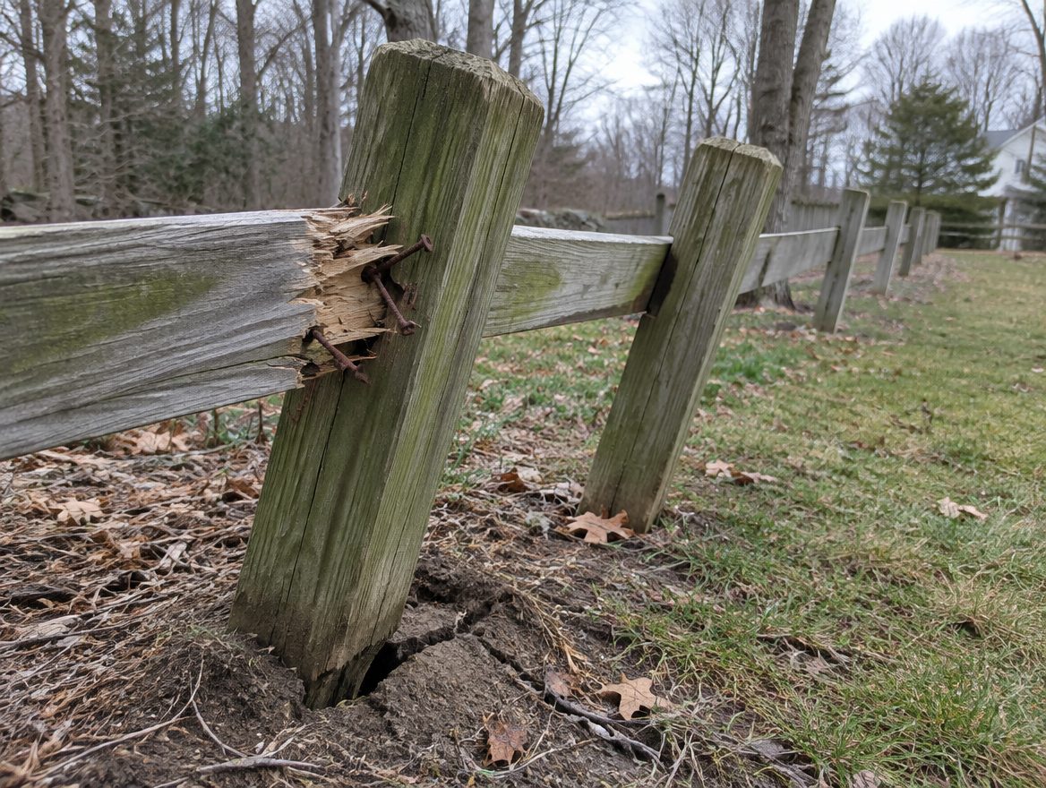 Several fence posts leaning outward along a back-yard line, with a rail pulled loose at one end