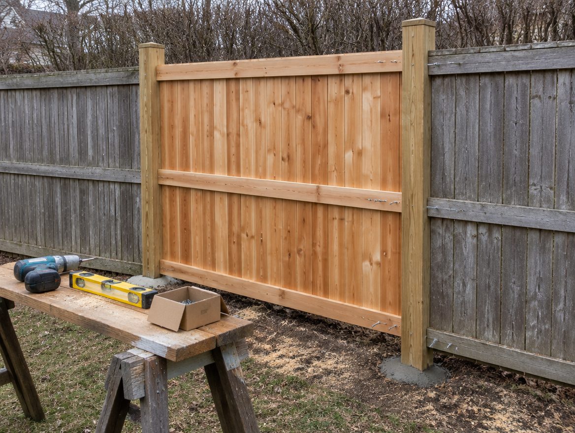 A new panel section being fastened between two freshly set posts on an existing fence run