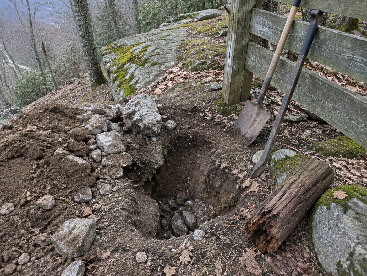 A crew member digging out a failed post footing beside a fence section on a rocky slope