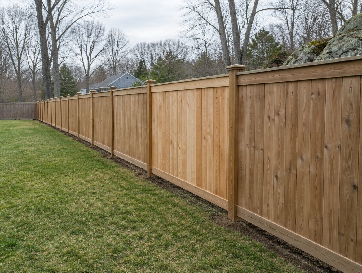 A repaired fence run with straight, plumb posts and matching boards along a back-yard boundary