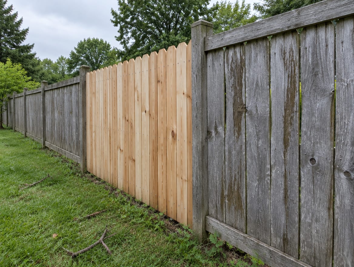 A straight fence run with new boards beside older weathered boards on sound posts