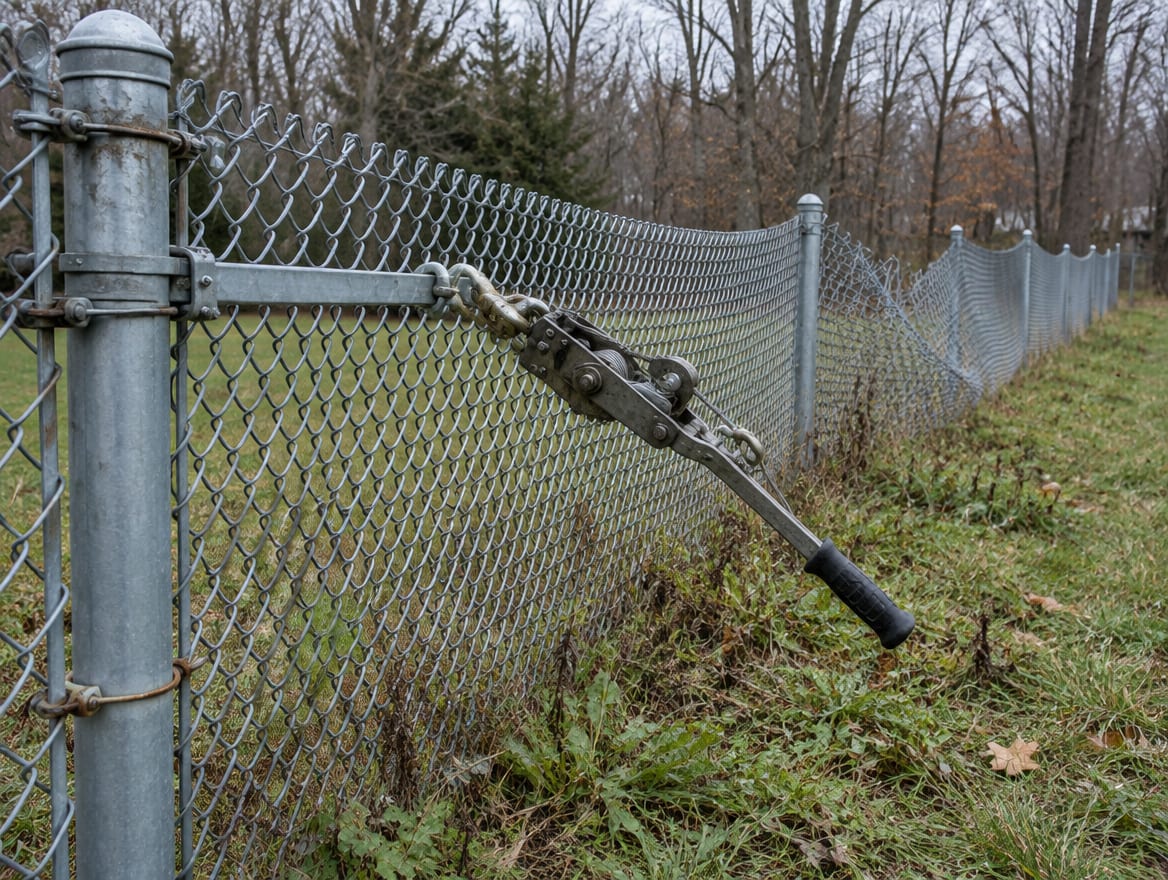 A worker pulling chain link fabric tight between two terminal posts