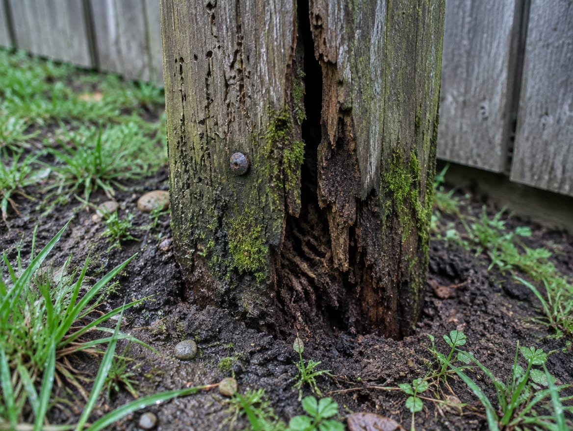 A wood fence post with dark rot and splitting at the ground line