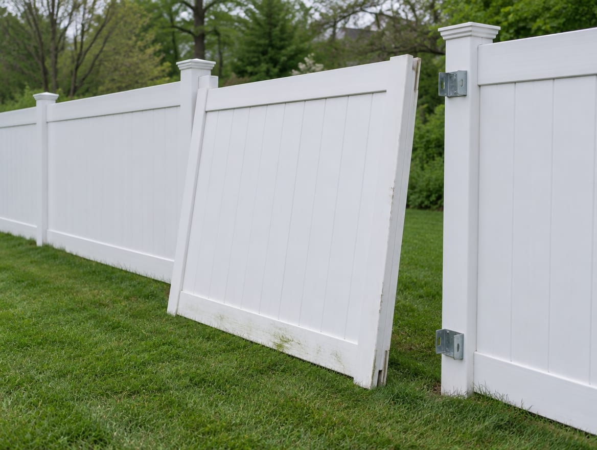 A vinyl fence panel removed from its brackets and leaning against an intact post