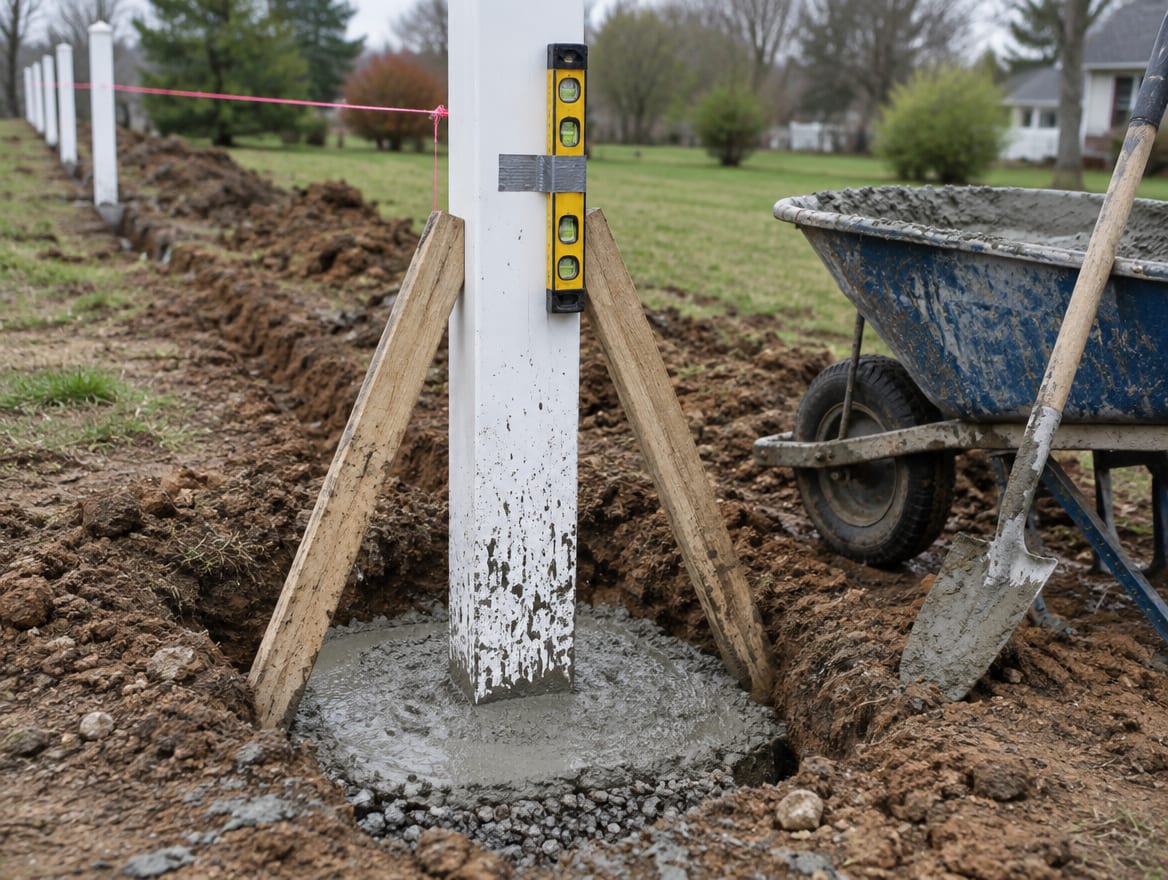 Vinyl fence post held plumb in a hole while concrete is poured around it