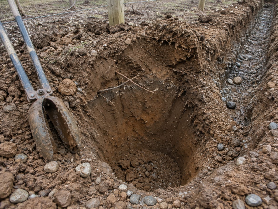 Post hole dug in bare soil with a wider, flared bottom