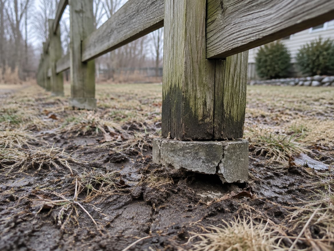 Row of fence posts with one post standing higher than its neighbors after a freeze