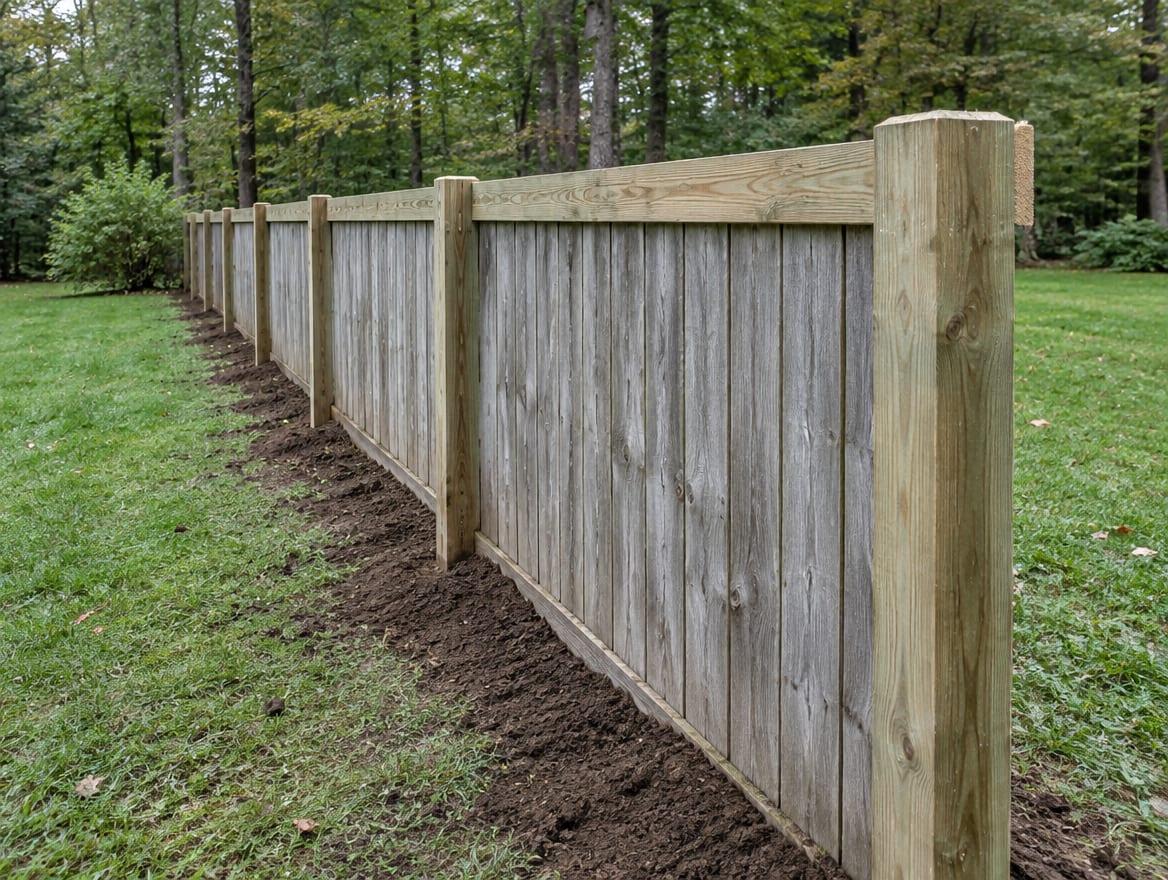 Wood fence line with posts reset in a straight row and a level top rail
