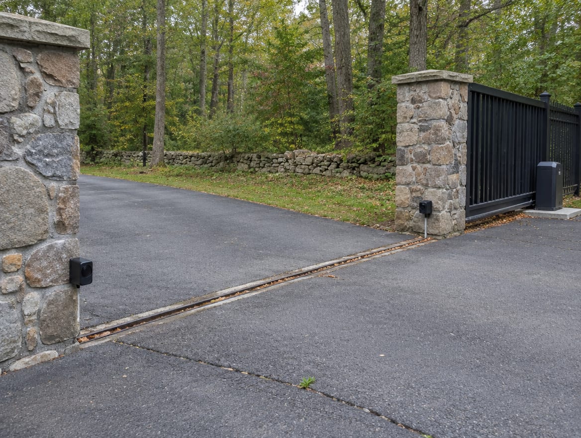 Finished sliding driveway gate with photo eyes on posts at both sides of the opening