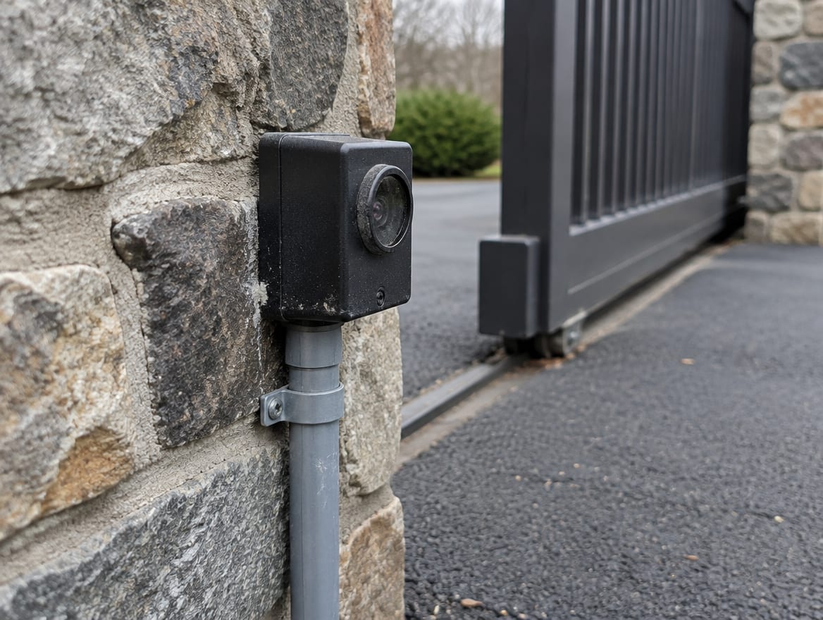 Photoelectric eye mounted on a post at the edge of a driveway gate opening