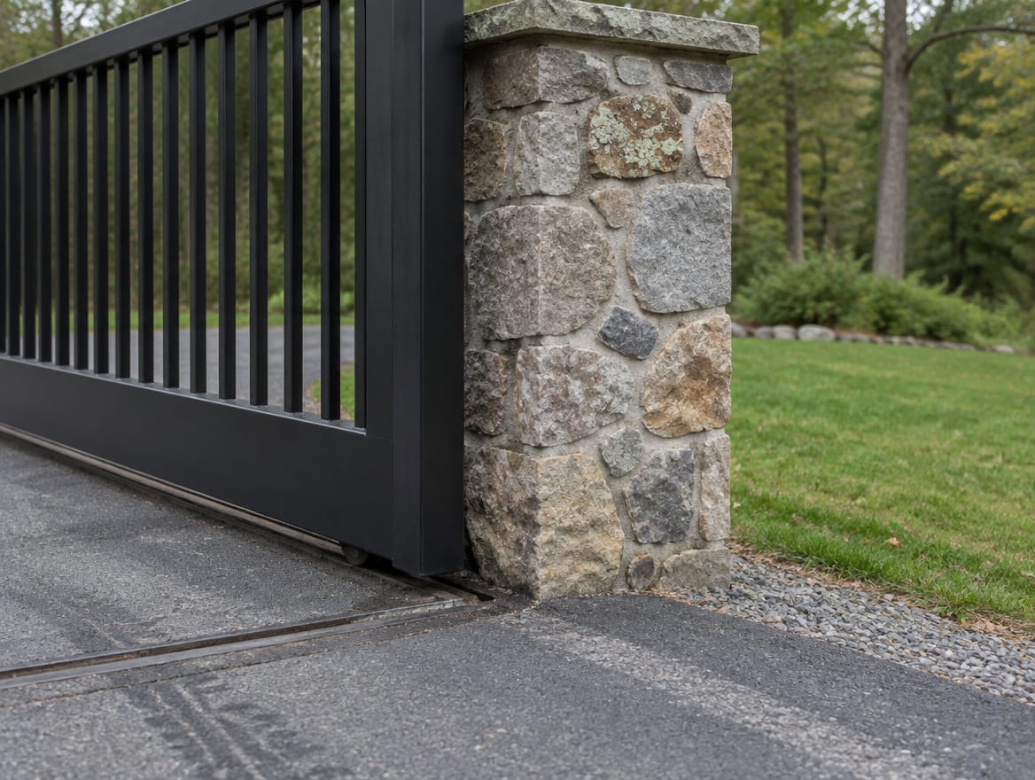 Sliding driveway gate on a residential driveway with bare posts and no sensors mounted
