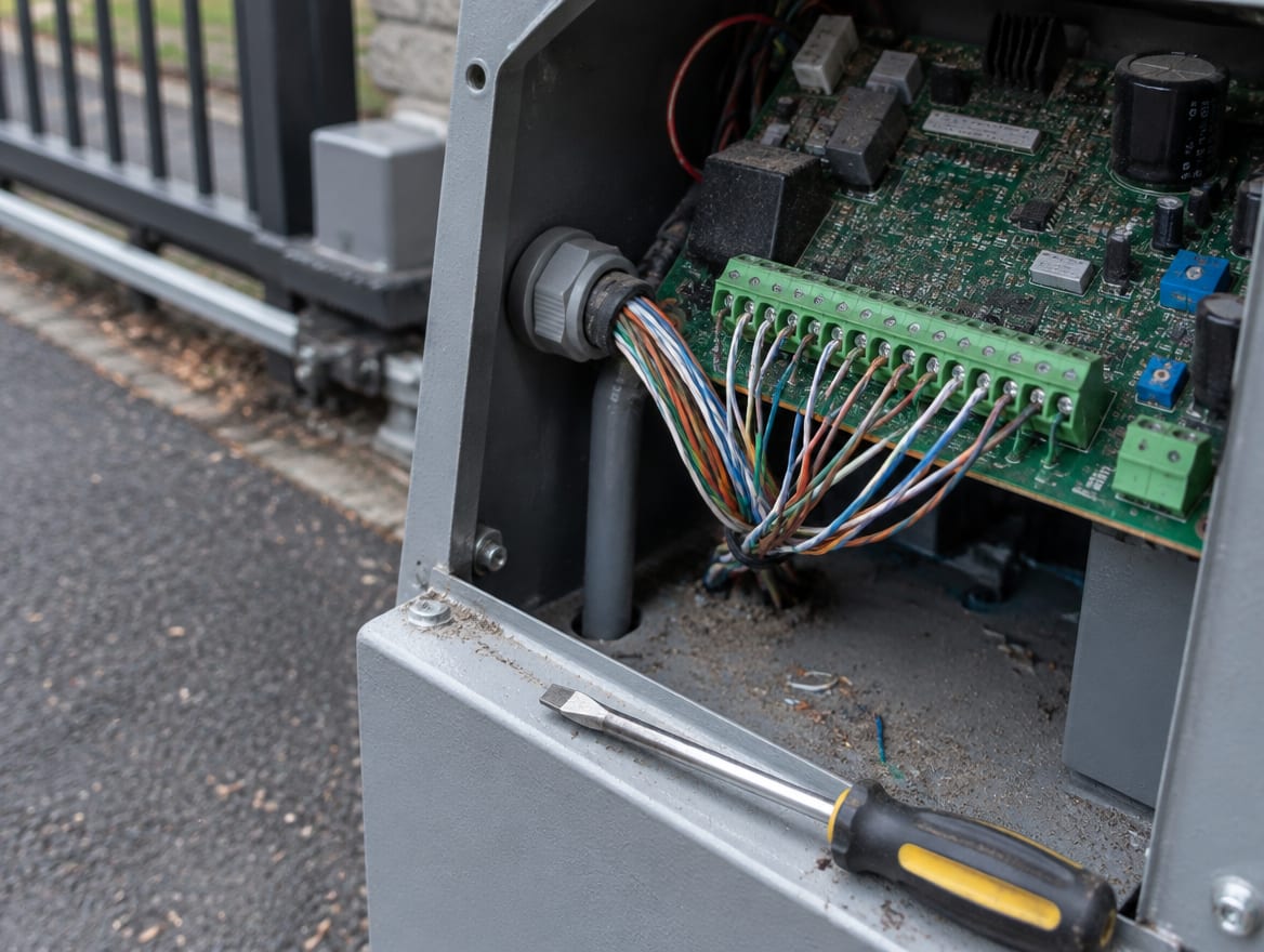 Technician wiring a photo eye to the control board of a gate operator