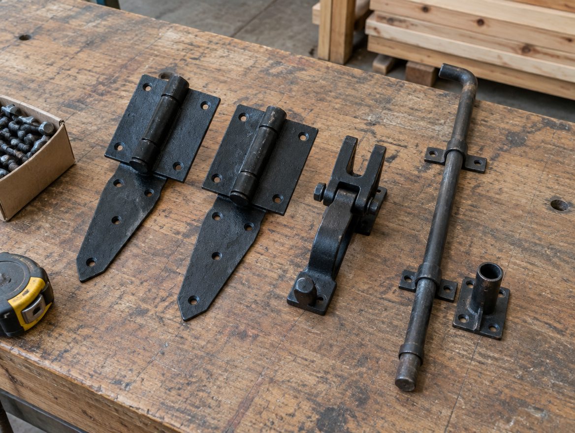 Double-gate hardware laid out on a bench: two heavy hinges, a fork latch and a drop rod