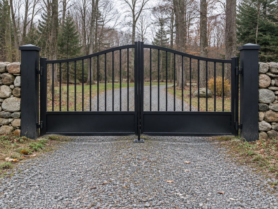 A finished double driveway gate closed between two gate posts with a drop rod at the center