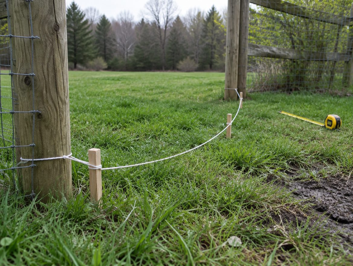 A wire fence with an open gap where a gate will go and a string marking the swing arc across the lawn