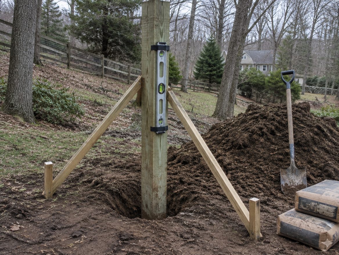 A crew member setting a gate post upright in a freshly dug hole with a level held against it