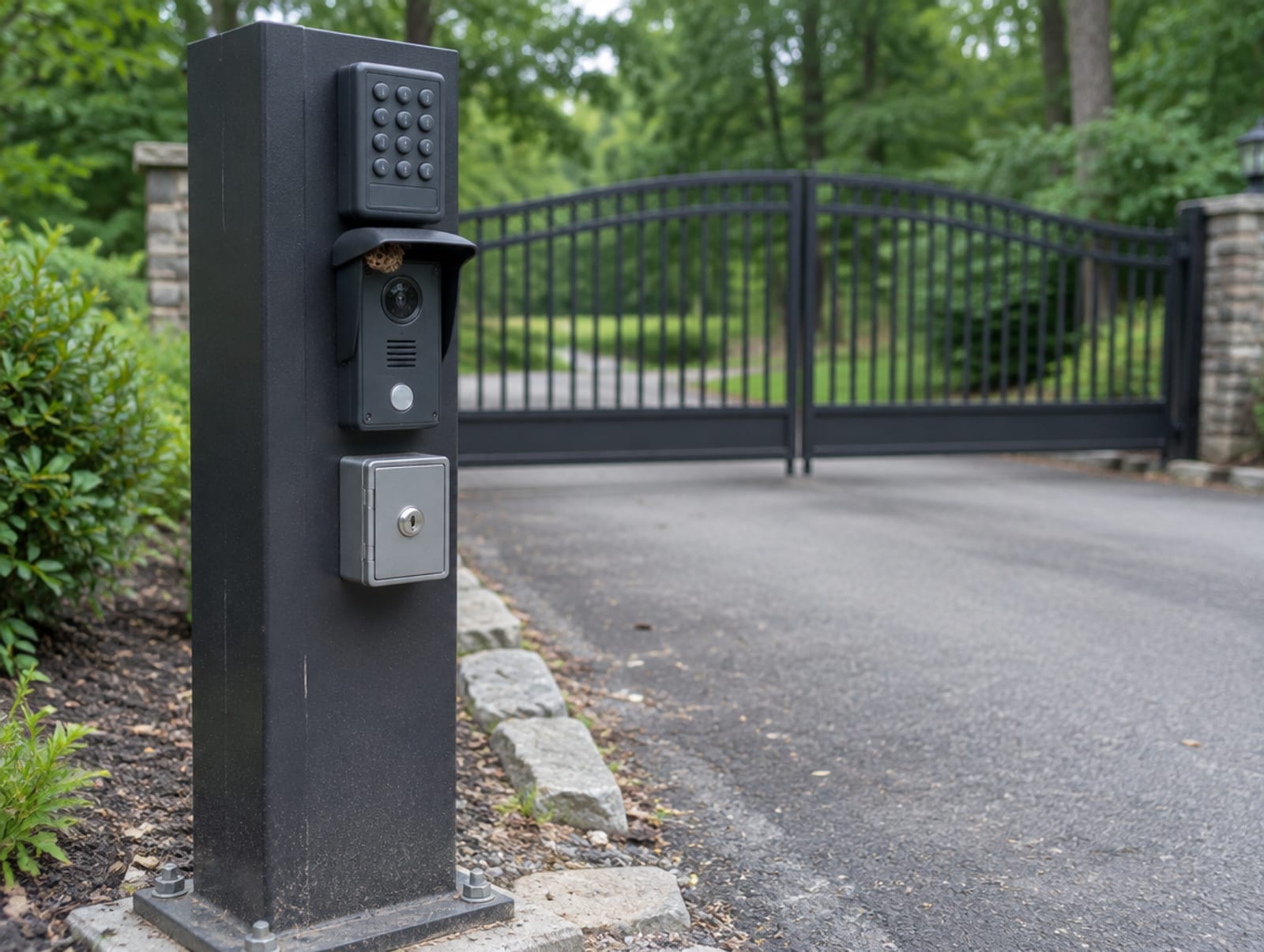 Gate entry post with a keypad, a video intercom and a small key box mounted at hand height