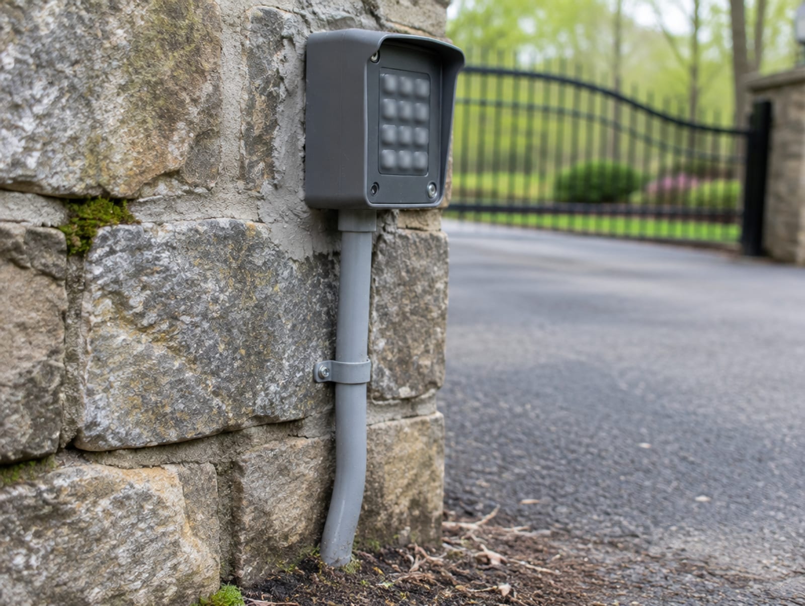 Wall-mounted keypad on a masonry gate post beside a closed driveway gate