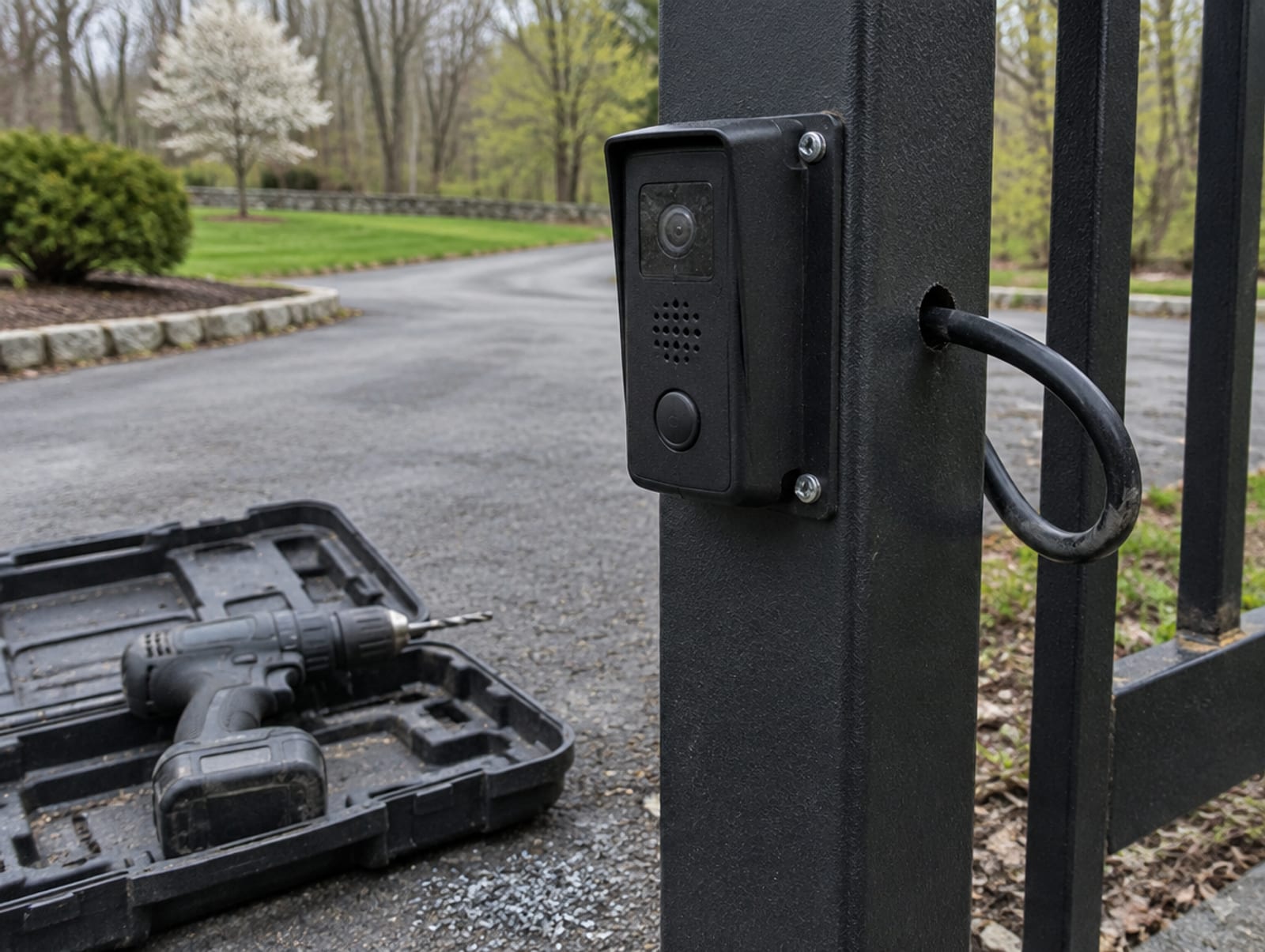 Installer mounting a video intercom station on a gate post with a drill