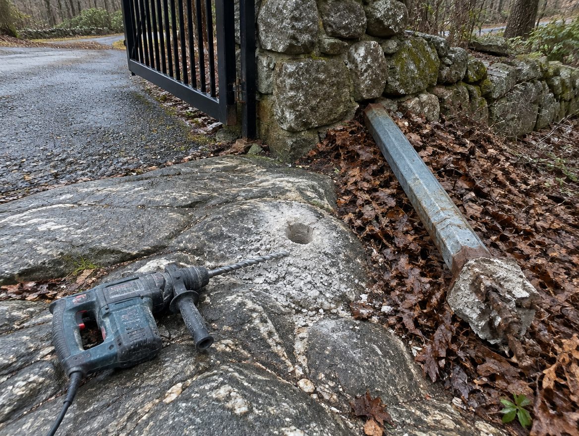 A crew member drilling into exposed ledge beside a gate post that has been pulled out for resetting