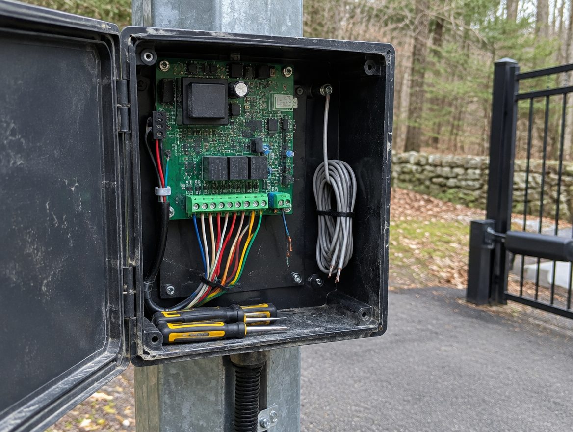 An open gate operator control box on a post with the new control board and low-voltage leads being connected
