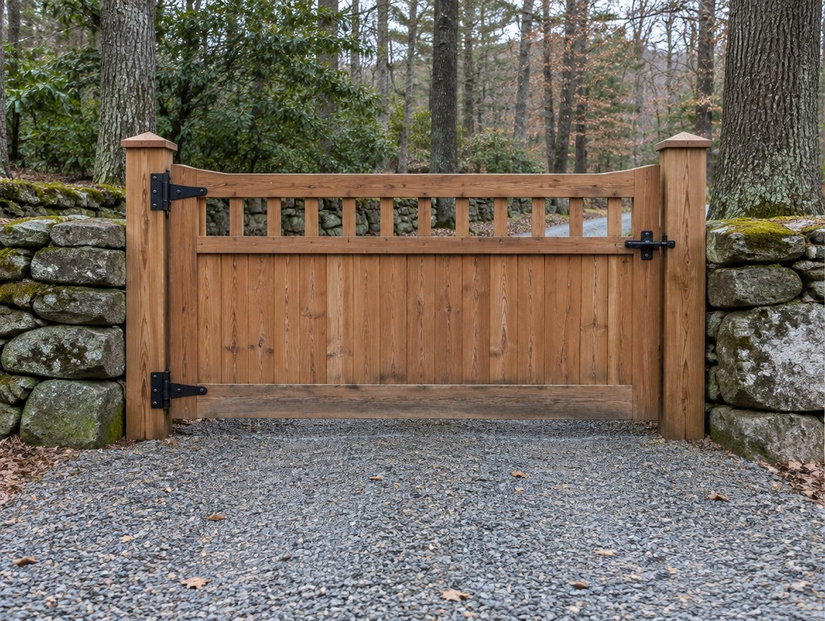 A repaired driveway gate swinging closed true against its latch on a reset post