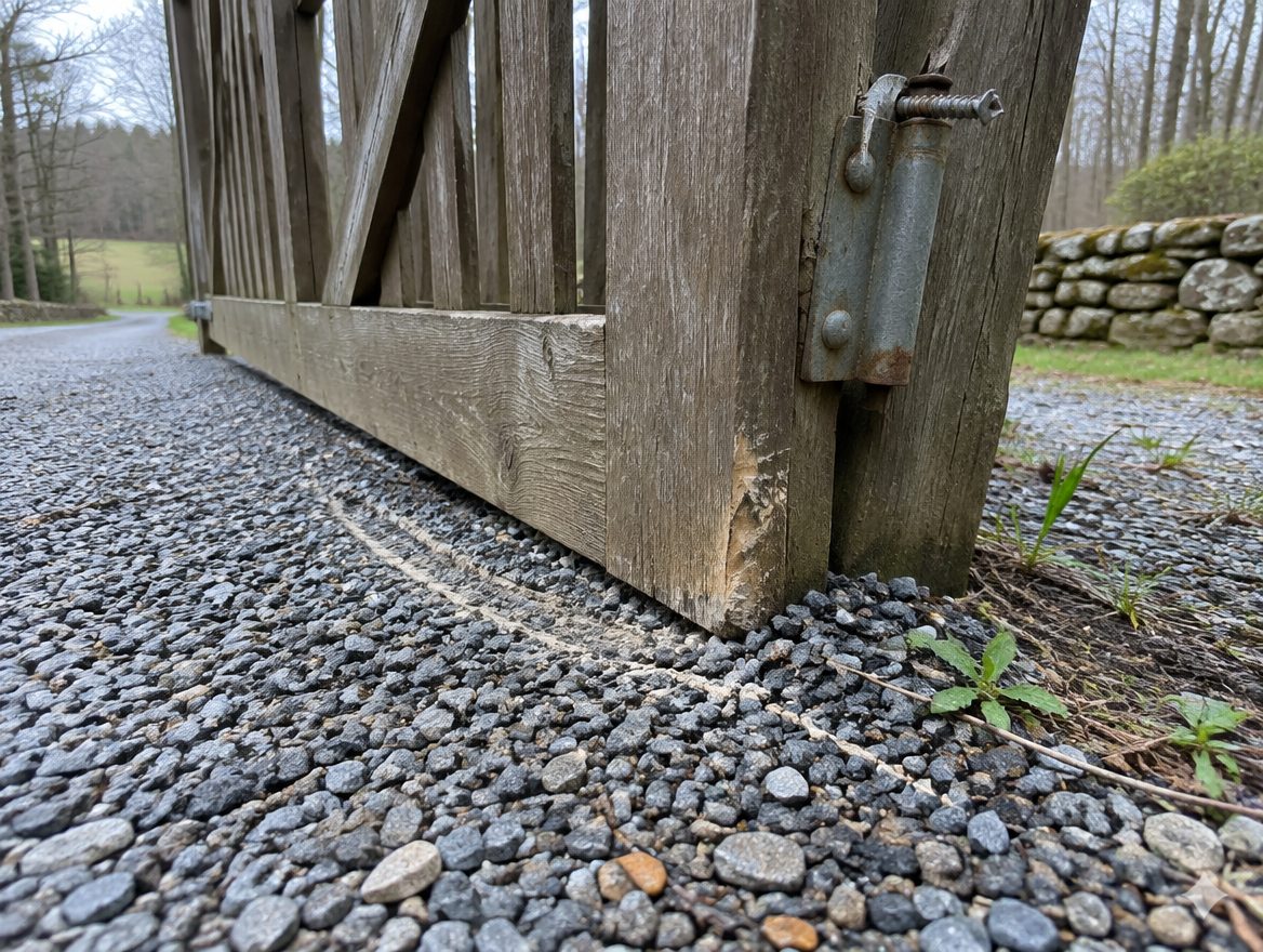 A driveway gate sagging on a leaning hinge post, its bottom corner dragging across the gravel
