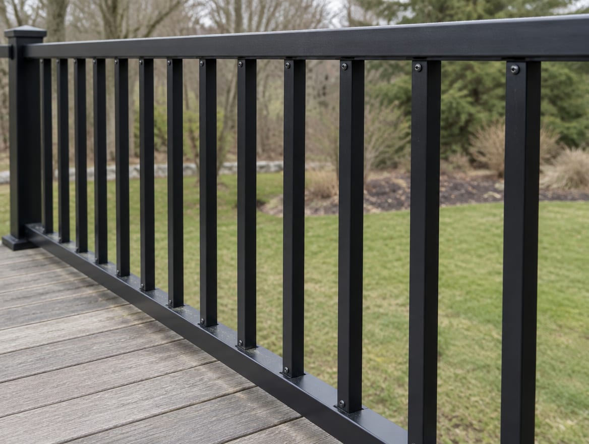Vertical aluminum balusters between two rails on a deck guard