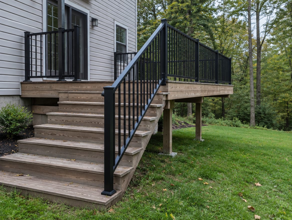 Finished aluminum railing on a deck with a stair handrail along the steps