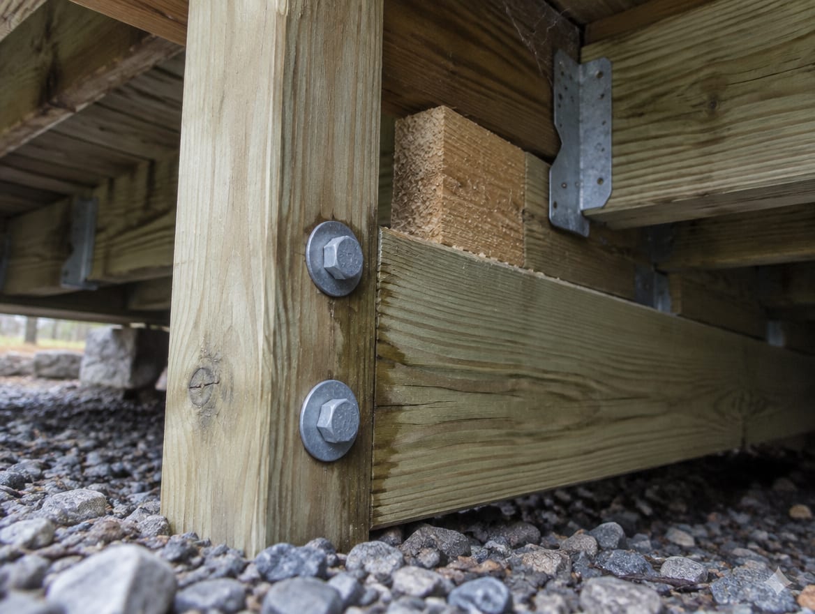 Railing post bolted to deck framing with a block of lumber behind it