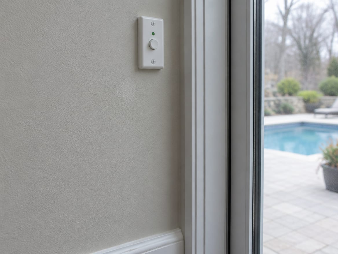 Door alarm deactivation switch mounted high on the wall beside a patio door