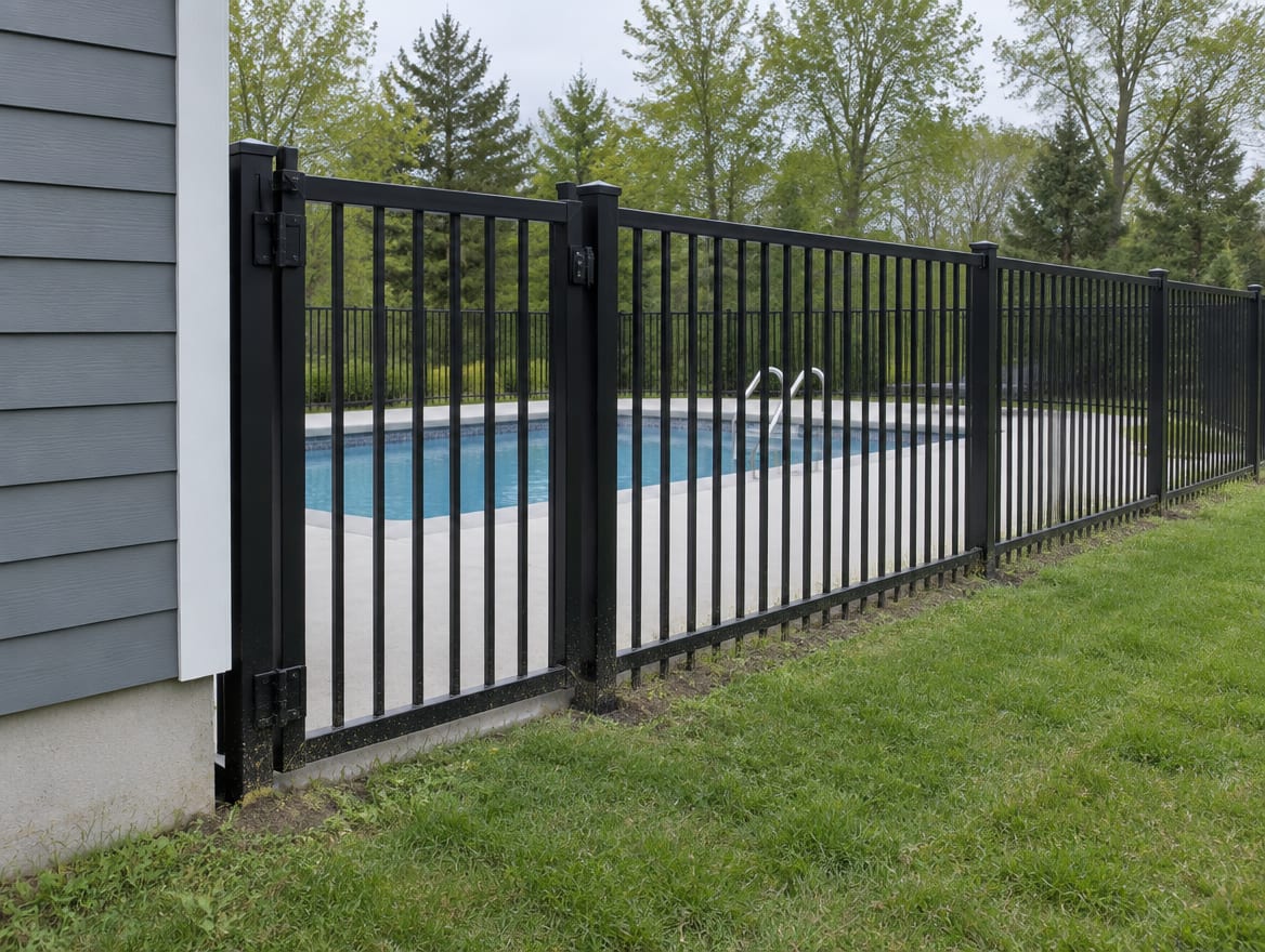 Aluminum fence with a closed gate running from the corner of a house to the rest of a pool enclosure